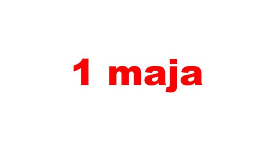 Czerwony napis 1 maja na białym tle